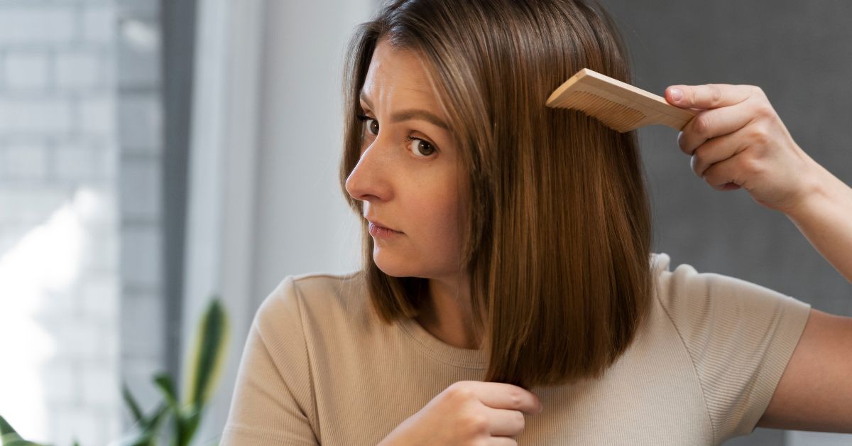 Mujer siguiendo consejos de Herbacol para detener la caída del cabello